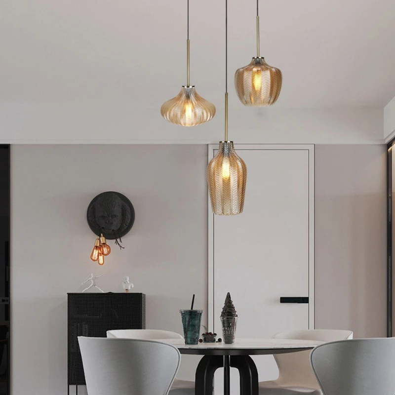 

SANDYHA Modern Glass Chandelier Nordic Design LED Lamp Stylish Corrugated Lampshade Decor for Living Room Dining Table Lighting