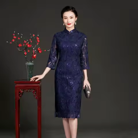 Yourqipao Navy Blue Qipao Prom Dress Chinese Traditional Cheongsam Mother Of The Bride Evening Dress