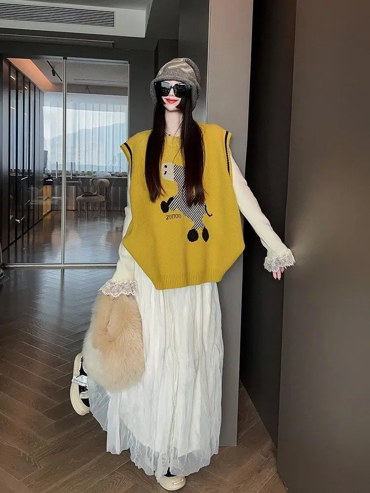 Koreańska żółta dzianinowa kamizelka z podszewką, damska odzież wierzchnia na jesień i zimę, modna kamizelka z poduszkami na ramiona, ciepły top.