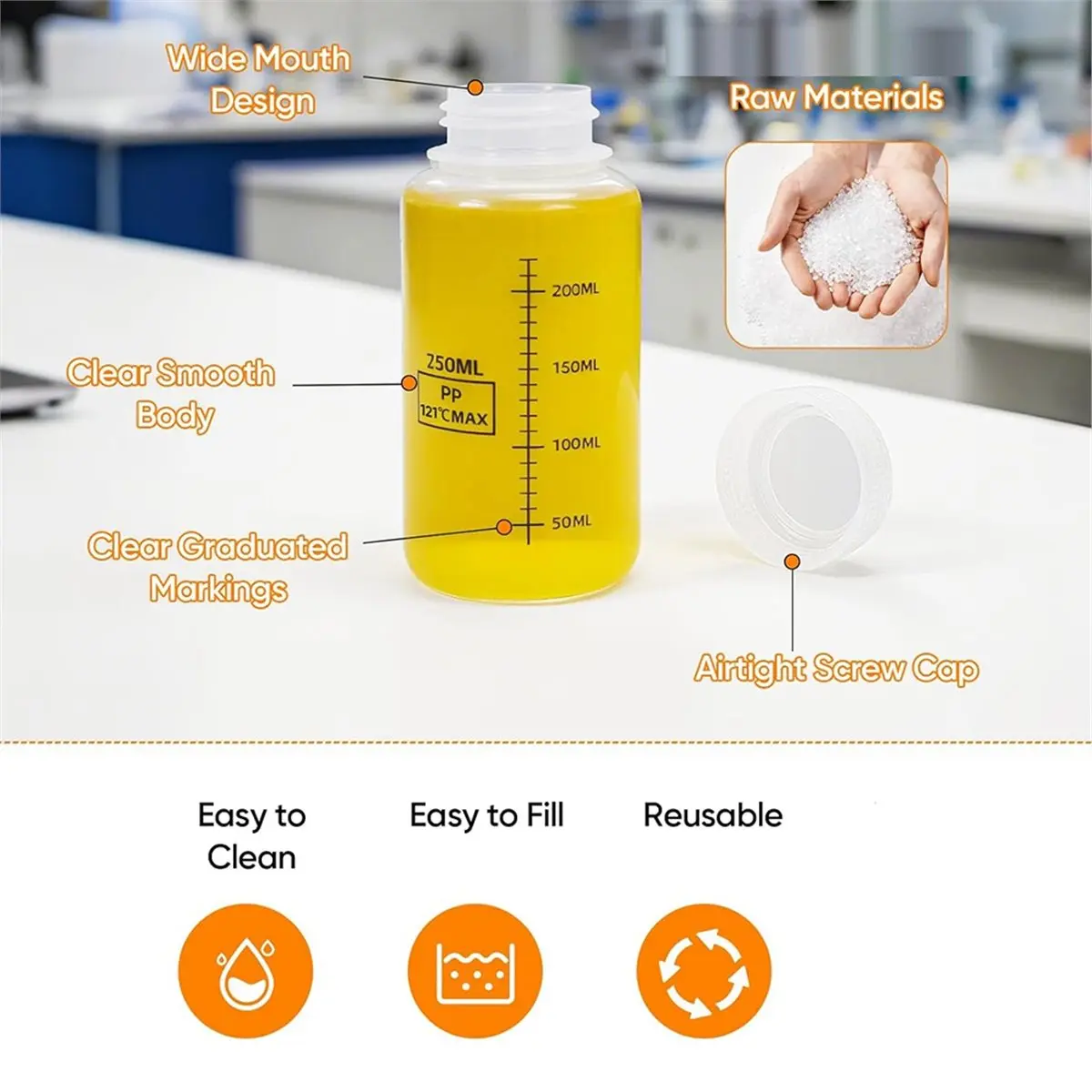 

Reliable- 4pcs Plastic Bottles with Airtight Caps 8oz/250ml,Wide Mouth Liquid Containers, Reusable PP Graduated Plastic Bottles