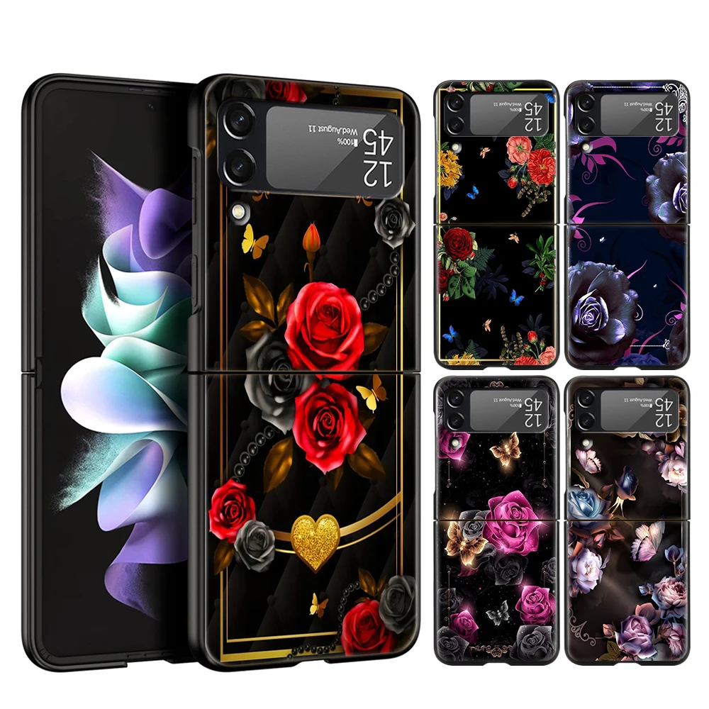 Luxury Retro Flower Hard PC Phone Case For Samsung Galaxy Z Flip 6 5 4 Black Cover For Galaxy Z Flip 3 Foldable Shockproof Cases