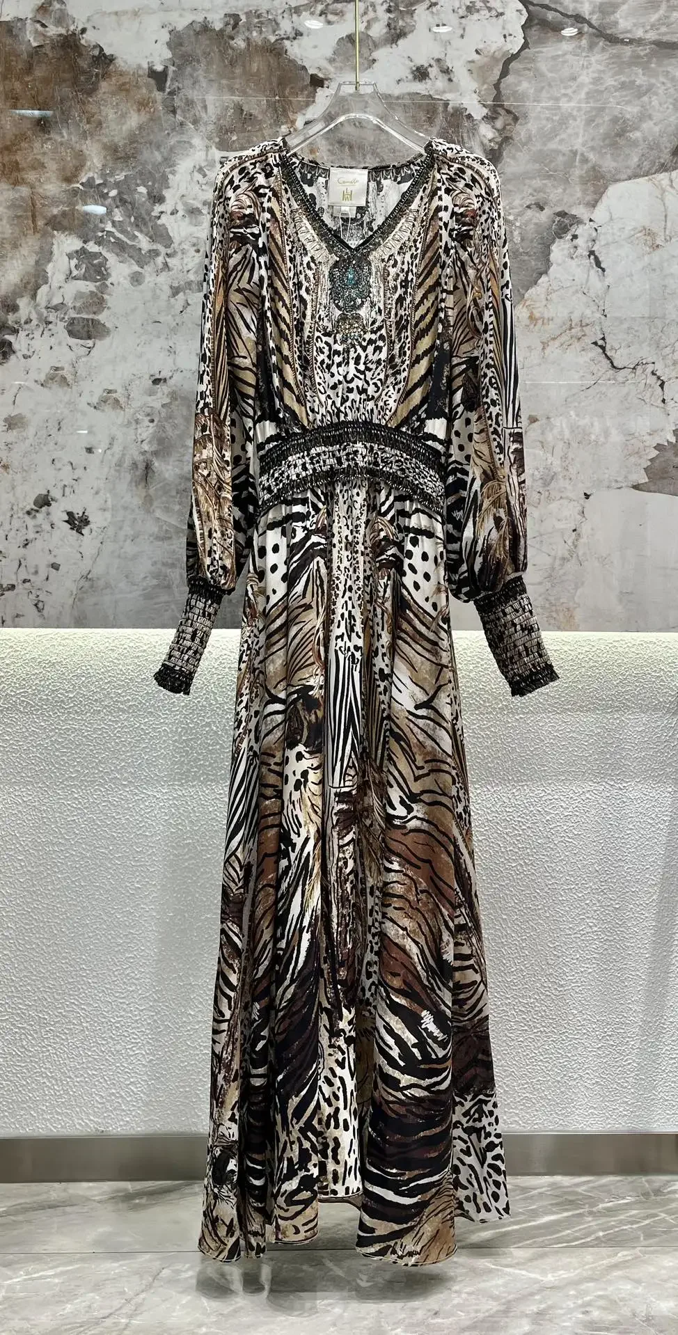 

Women's Leopard Printed 100% Silk V-Neck Beaded Long Sleeve Maxi Dress