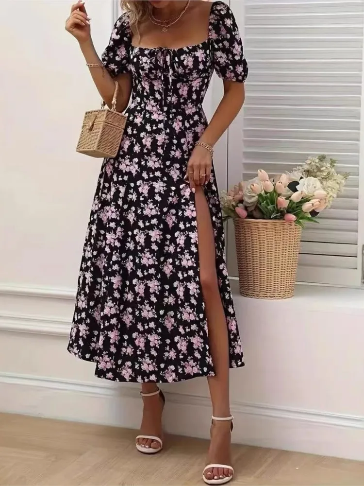 Holiday Print Dress For Women Fashion Short Sleeve Slash Neck High Waist Loose Dresses Lady Casual Boho Women's Clothing Summer