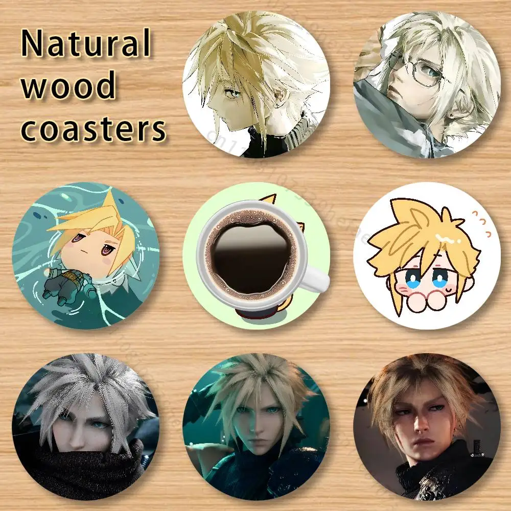 

F-Final F-Fantasy Cloud Strife Round Wooden Coaster 4 Inch Heat-Resistant Anti-skidding Home Party Theme Decor Photo Props Gifts
