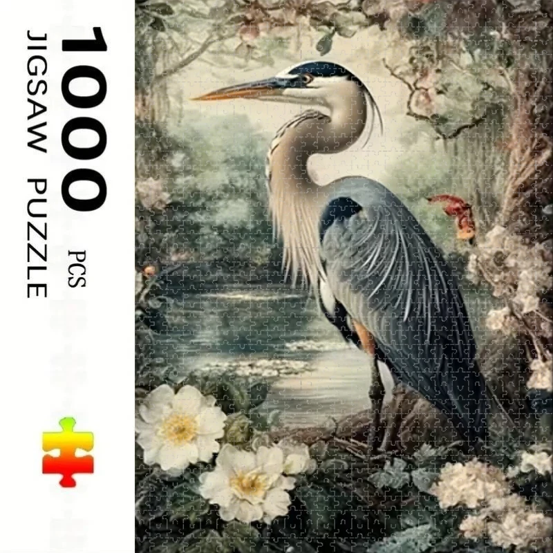 500/1000pcs for Adults Jigsaw Puzzle Heron Vintage Floral Challenging Large-Scale Brain Teaser with Complex Patterns Portable