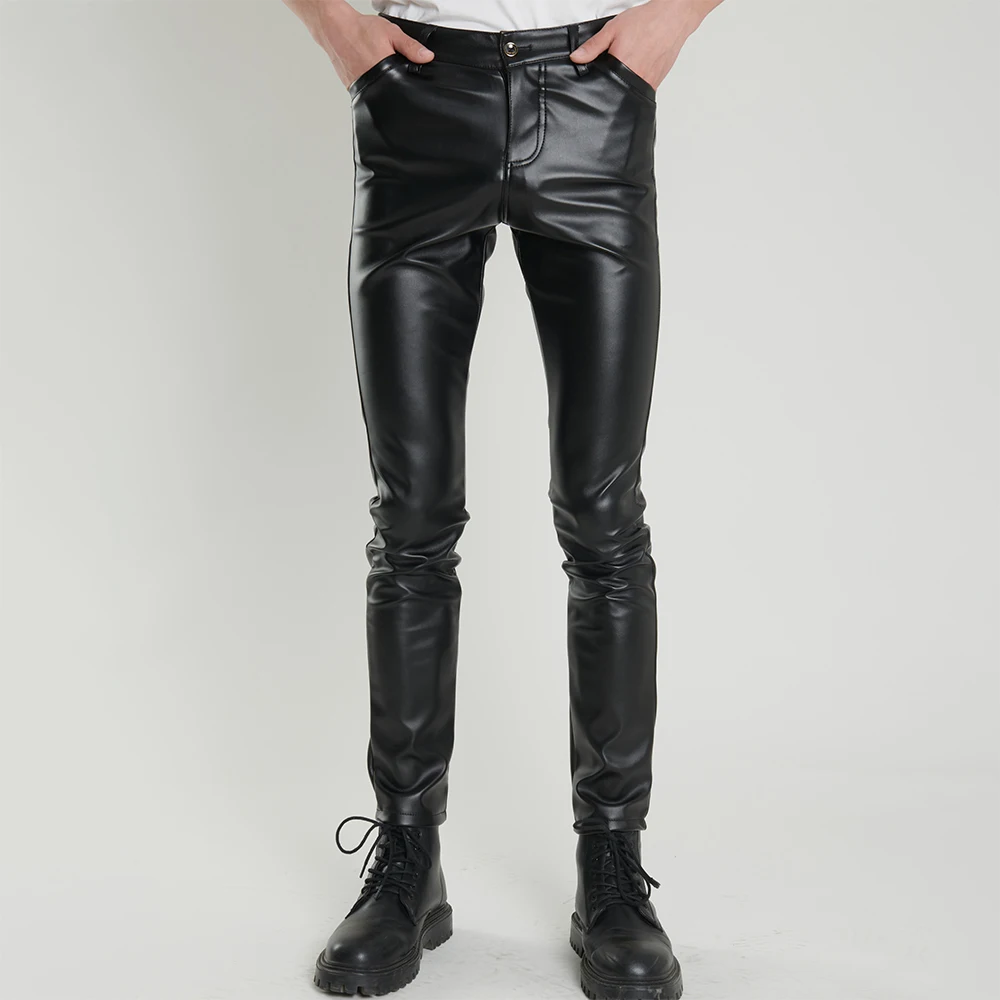 Spring Autumn Men\'s Leather Pants Skinny Fit Elastic Fashion PU Leather Trousers Punk Cosplay Dance Pants