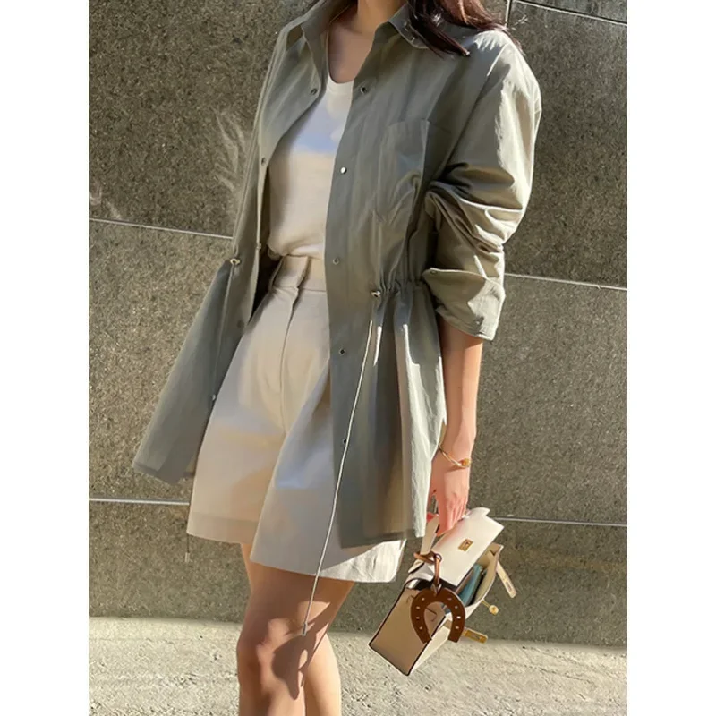 

Модная повседневная тонкая рубашка в корейском стиле, ветровка, пальто с завязками на талии, открытый кардиган средней длины, женская одежда
