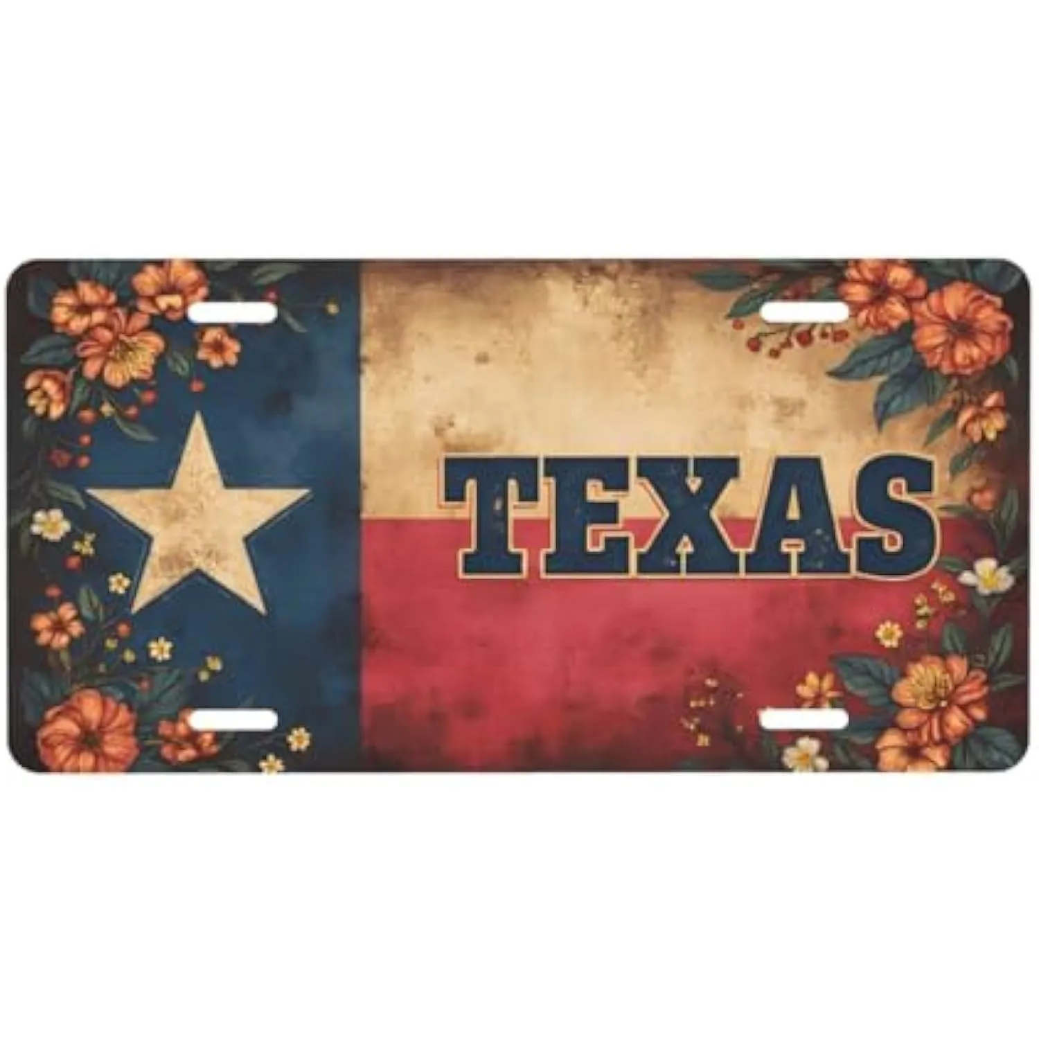 Texas Lone Star Flag Floral License Plate Vintage Aluminum Car Tag Rustic Vanity Plate