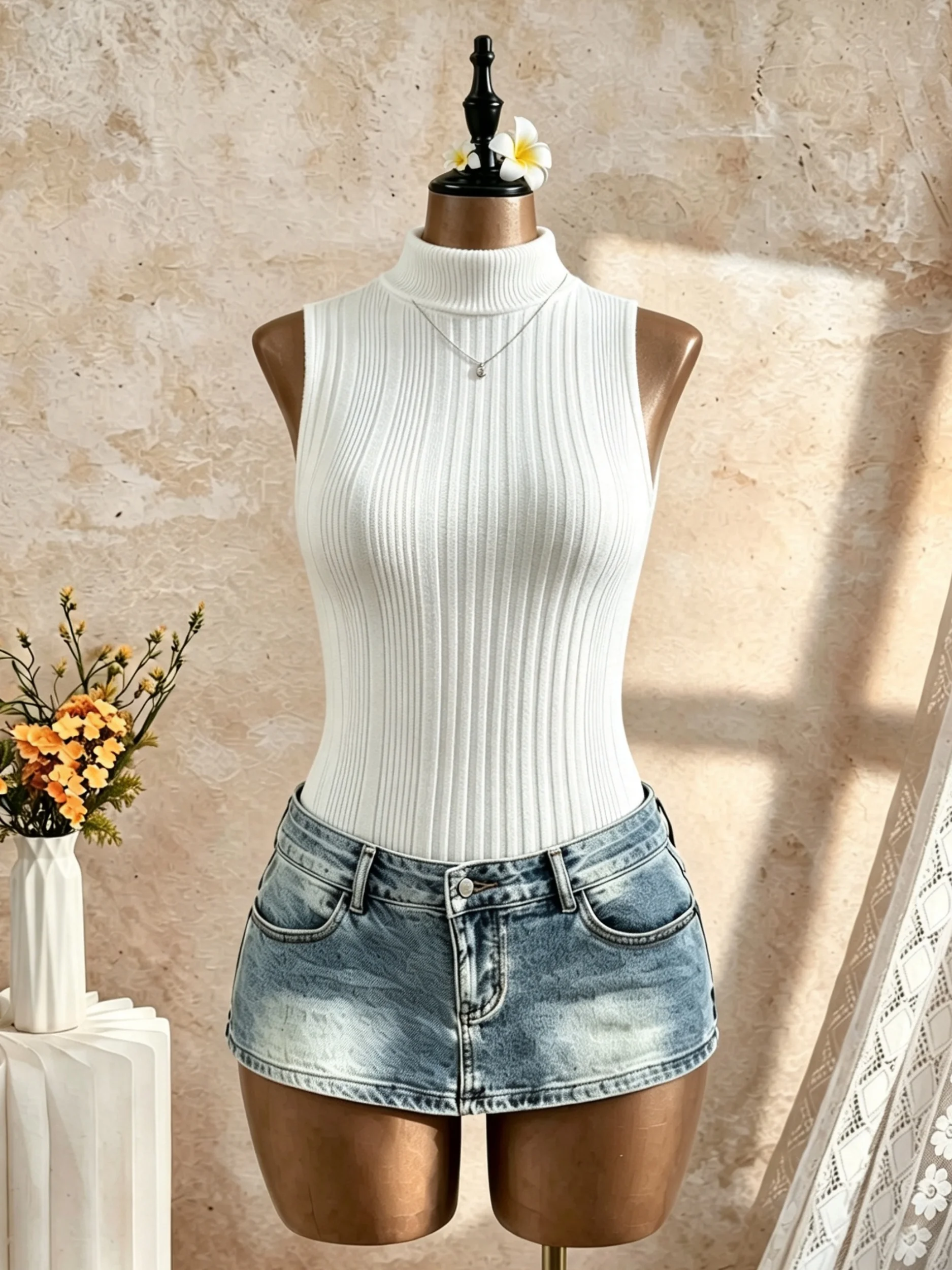Damen Rollkragen-Rippstrick Ärmelloses Tanktop, Slim Fit, Y2K, Sexy, Lässig, Basic, Eng Anliegendes Weste-Top