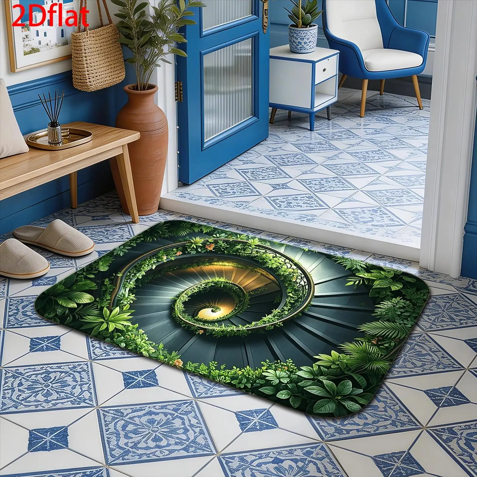 3D Green Spiral Staircase Area Rug Non Slip Washable Floor Mat For Entryway Living Room Home Decor