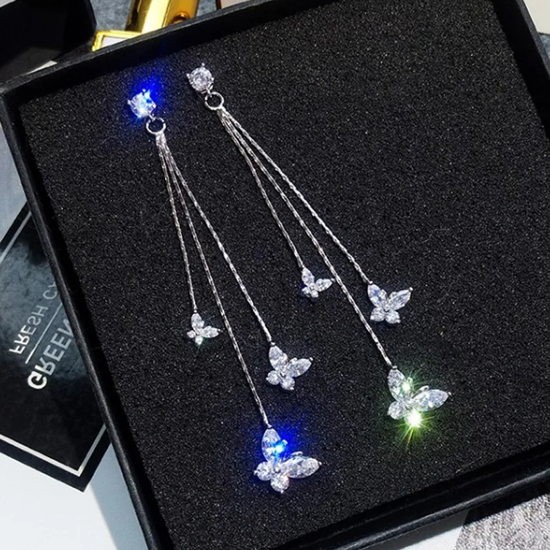 Luxury Trendy Shiny Crystal Butterfly Long Dangle Earrings for Women Exquisite Bride Korea Earring Party Jewelry Accessory Gift