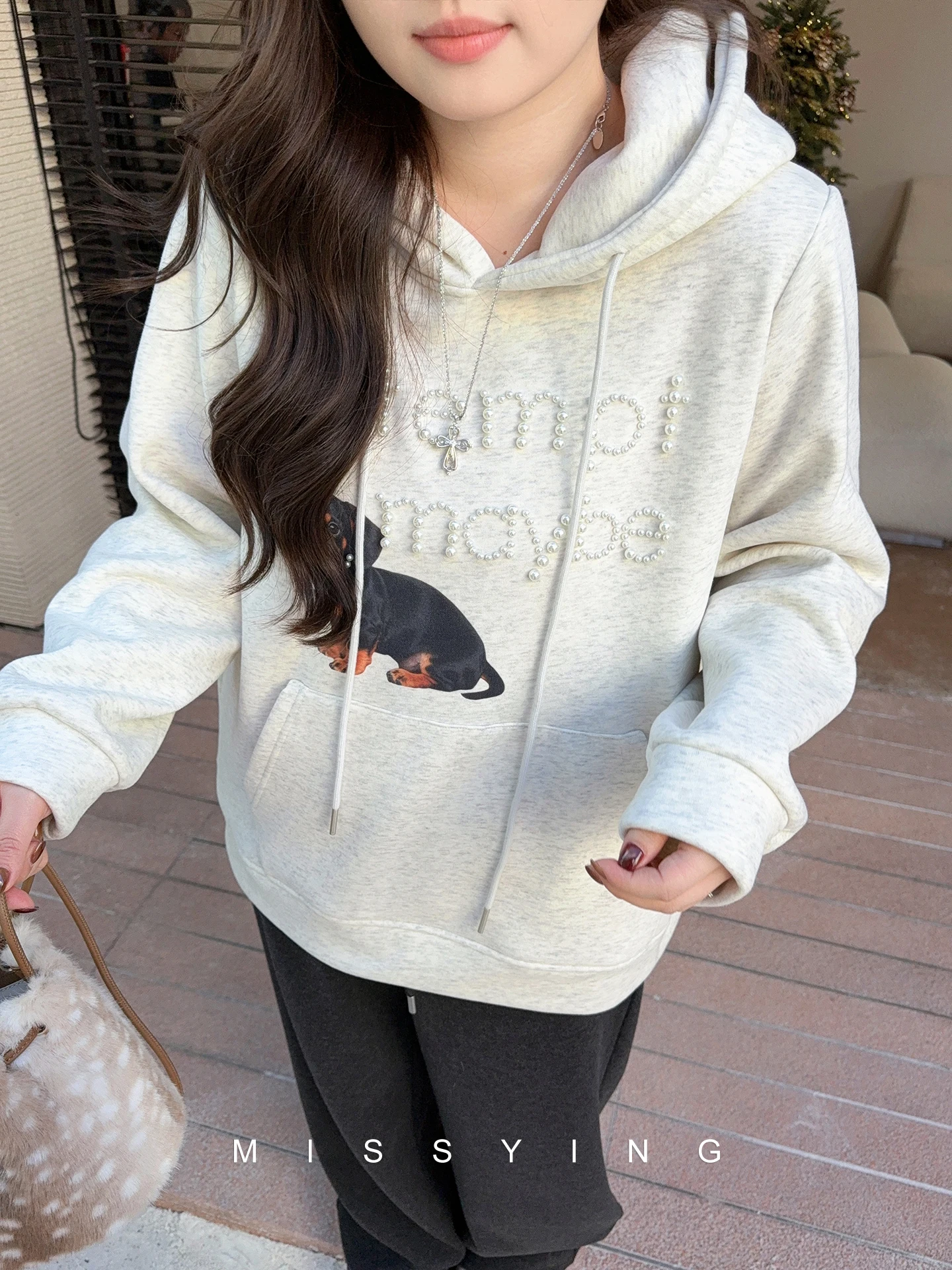 Felpa con cappuccio American Sle Loose Fit da donna, taglie forti, in misto cotone, con stampa Pearl Dog, top casual per donne curvy