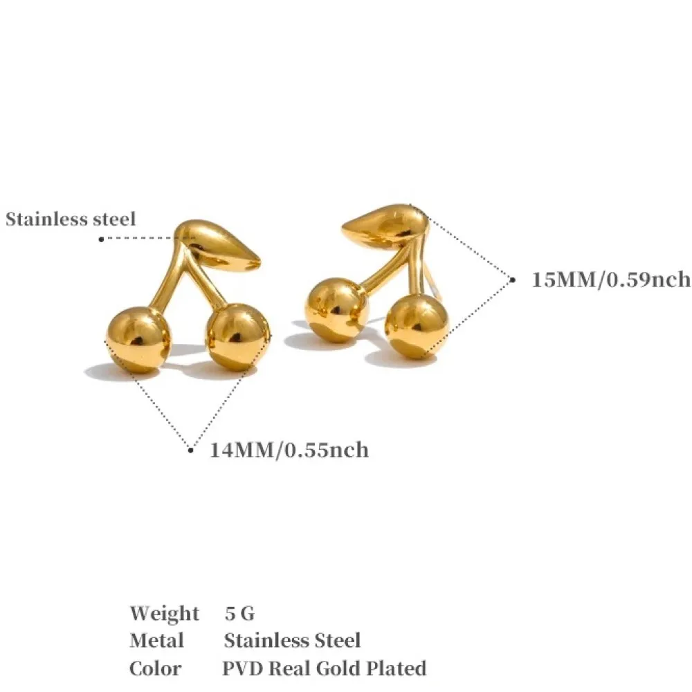 New Fashion Stainless Steel Metal Cherry Golden Stud Earrings for Women 18K PVD Plated Wholesale Waterproof Charm Jewelry Gifts