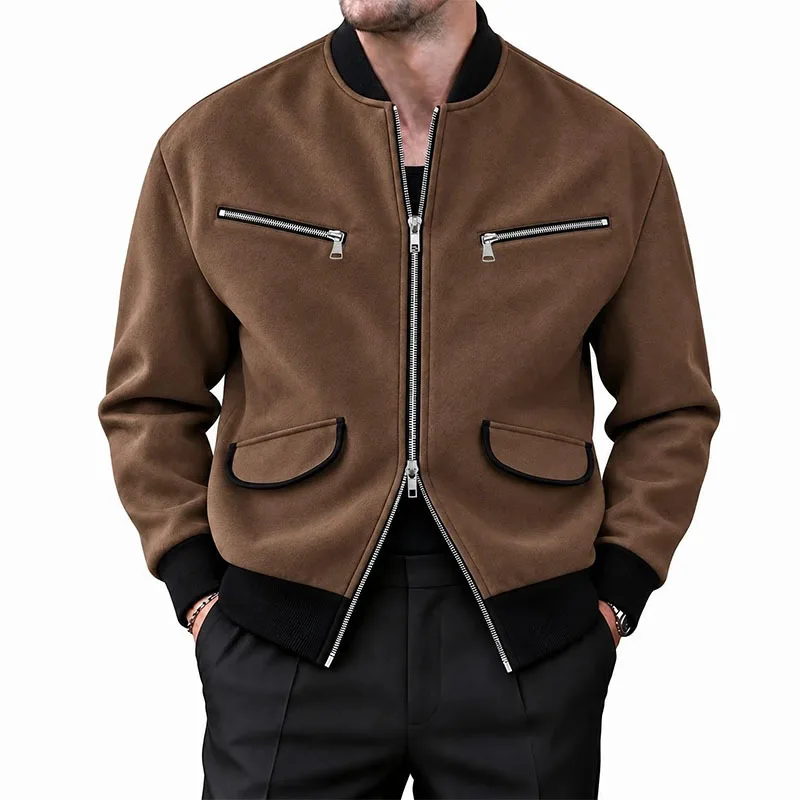 Men Bomber Jacket Stand Collar Vintage Coat Multi Zipper Pocket Casual Solid Color Autumn Winter Outerwear Man Streetwear Jacket