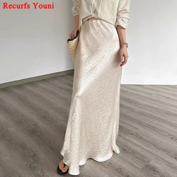 Acetate Silk Long Skirt Summer Trendy Satin Wrinkle Shimmering Versatile Fishtail Faldas French Elegant Oblique Cut Vestidos