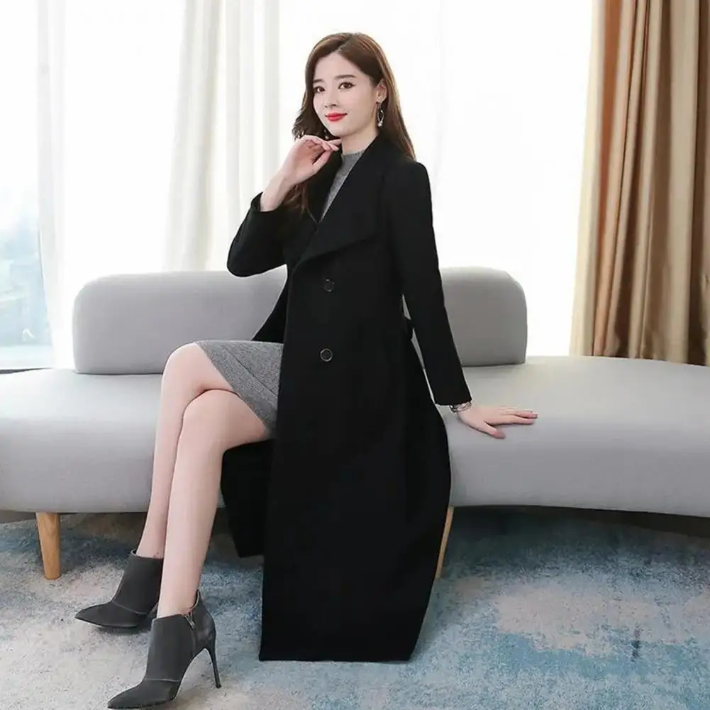 

Elegant Coat Waist Tight Coldproof Thickened Women Autumn Winter Buttons Placket Solid Mid-Calf Length Cardigan Coat