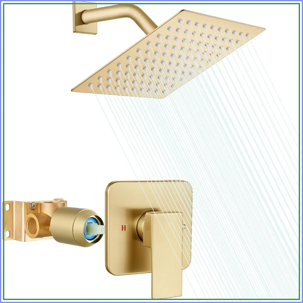 Sistema de ducha cuadrado de 8 pulgadas con válvula, kit de montaje en pared con grifo monomando, acabado en oro cepillado, fácil instalación