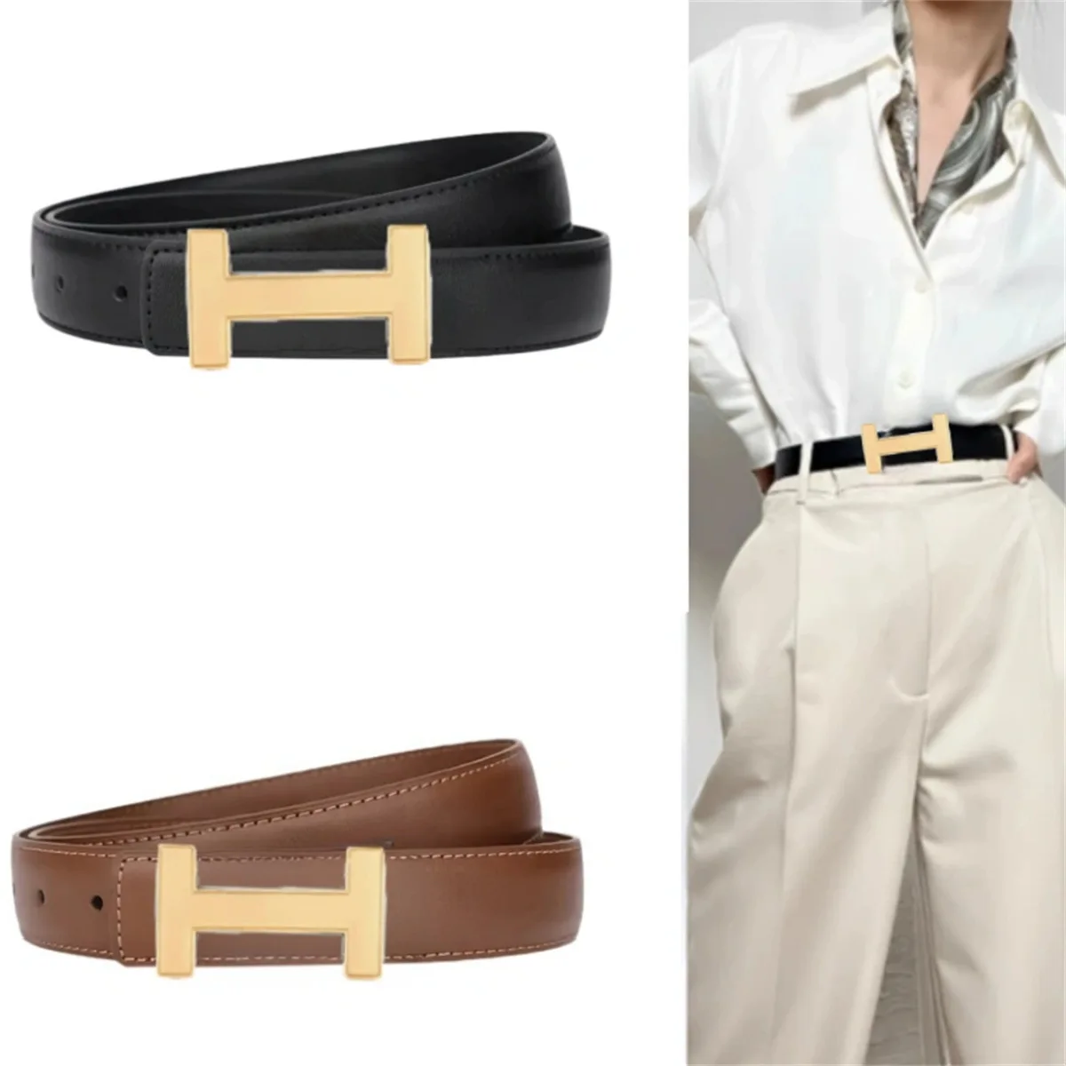 Genuine leather belt for women; cowhide fashion waist belt; versatile smooth buckle; 2025 dress decoration belt for