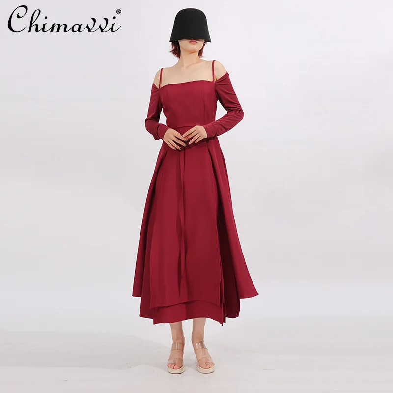 

American Elegant Socialite Evening Dress Off-shoulder Long Sleeve High Waist Belt Slim Split Temperament Long Dress Women Summer