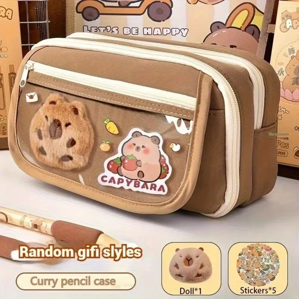 7Pcs Spacious Compartment Capybara Pencil Case Large Capacity Zipper Closure Pen Bag Nine Layers Doll Stickers