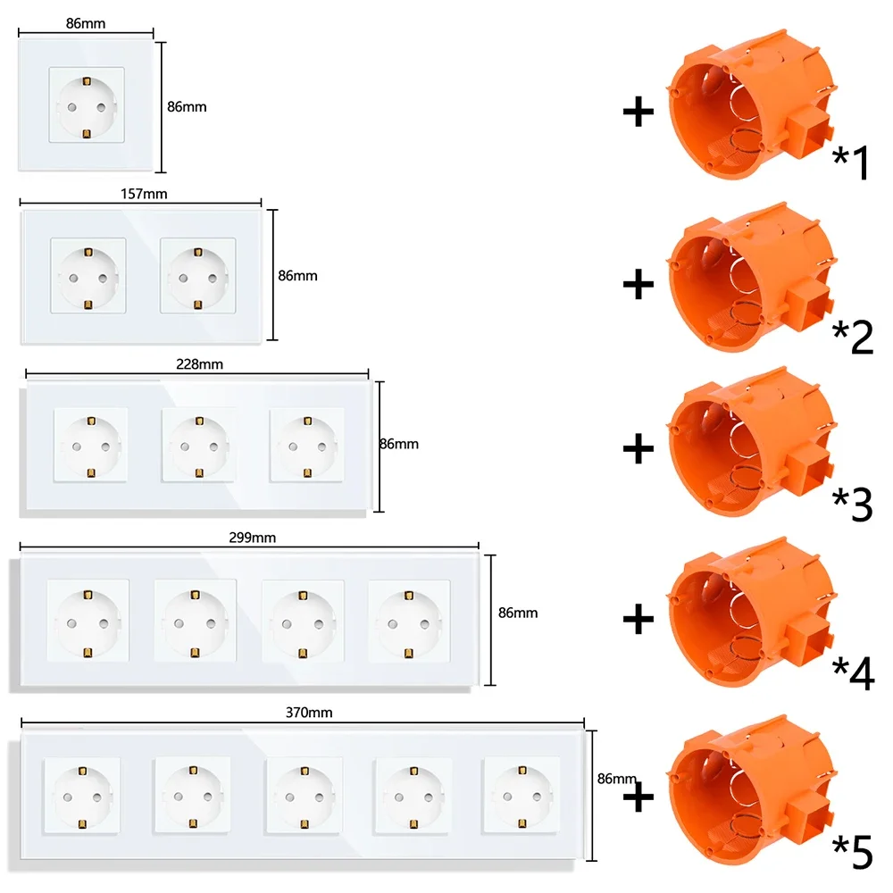 Bingoelec EU 16A European Wall Socket Glass Panel Wall Power Socket 85*85mm 220V White Black Sockets 16A Wall Outlet