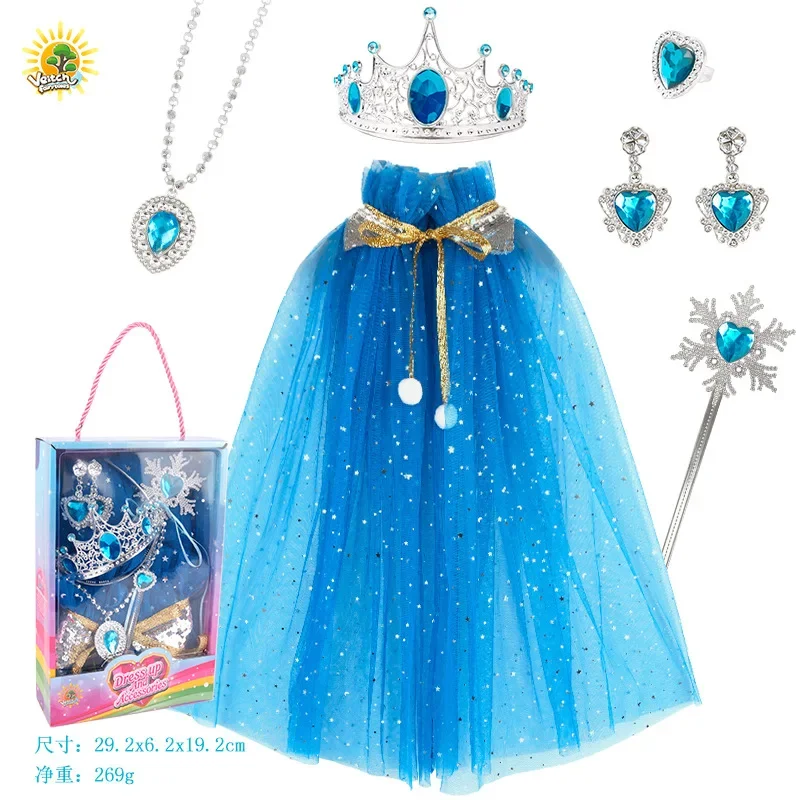

Girls Hooded Cloak Star Snowflakes Magic Wand Crown Ring Set Tulle Girl Cape Cosplay Costume Dress Up Princess Cape Shawl