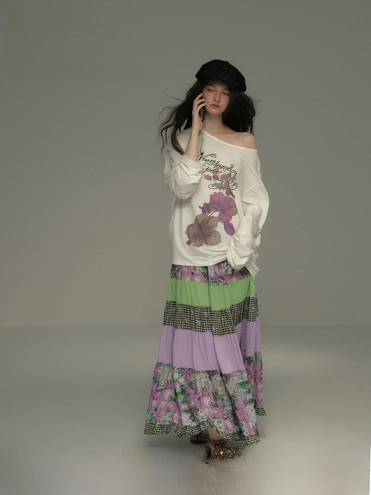 

Ультратяжелая семислойная винтажная юбка с эластичным поясом 25SS, женское платье-миди с принтом «Canvas»