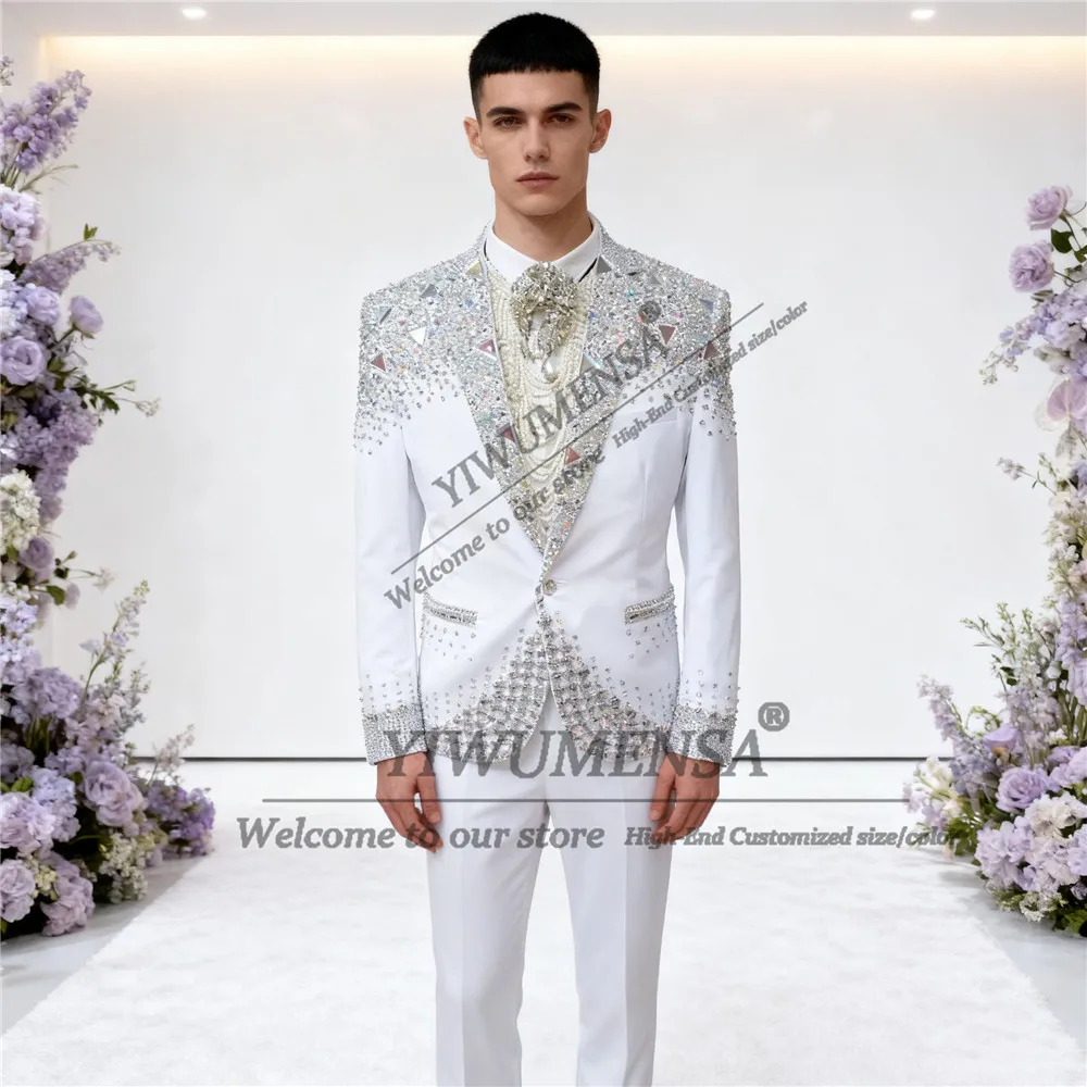 الفاخرة الماس مطرز دعوى الملابس للرجال 2 قطع الزفاف العريس البدلات الرسمية مخصصة واحدة الصدر حفلة موسيقية الحلل زي أوم