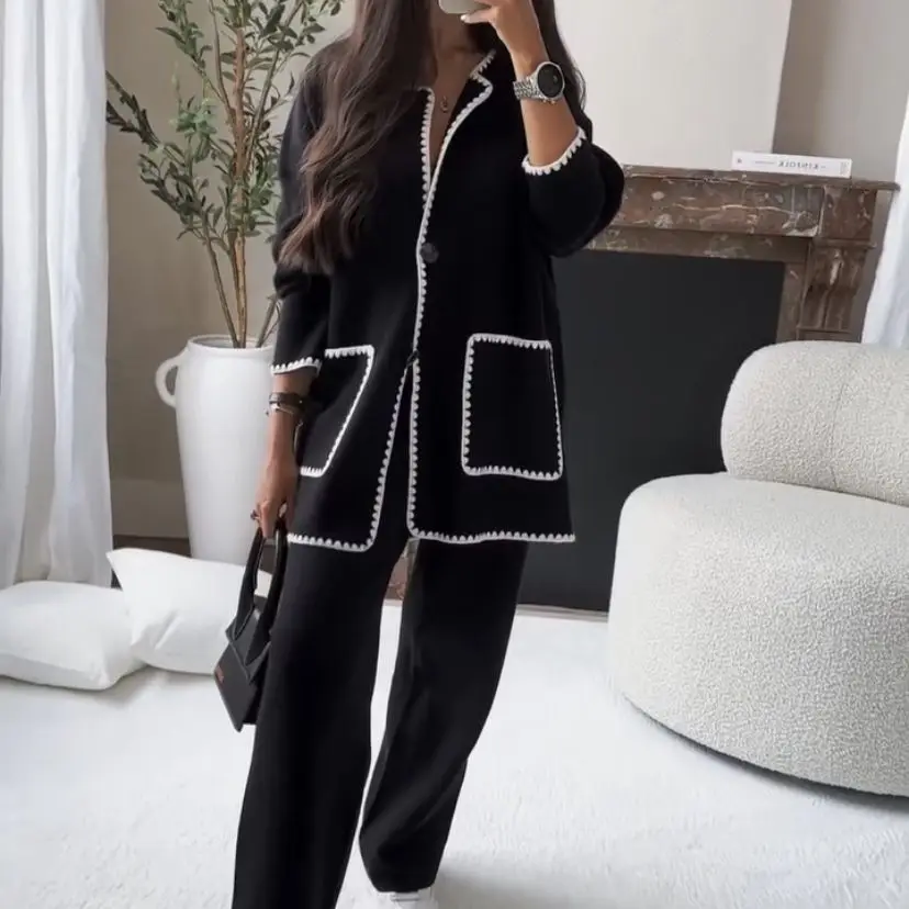 Autumn and Winter Women Set Long Sleeve Single Breasted Tops and Wide Leg Pants 2 Piece Sets Womens Outfits Ankle-Length Pants