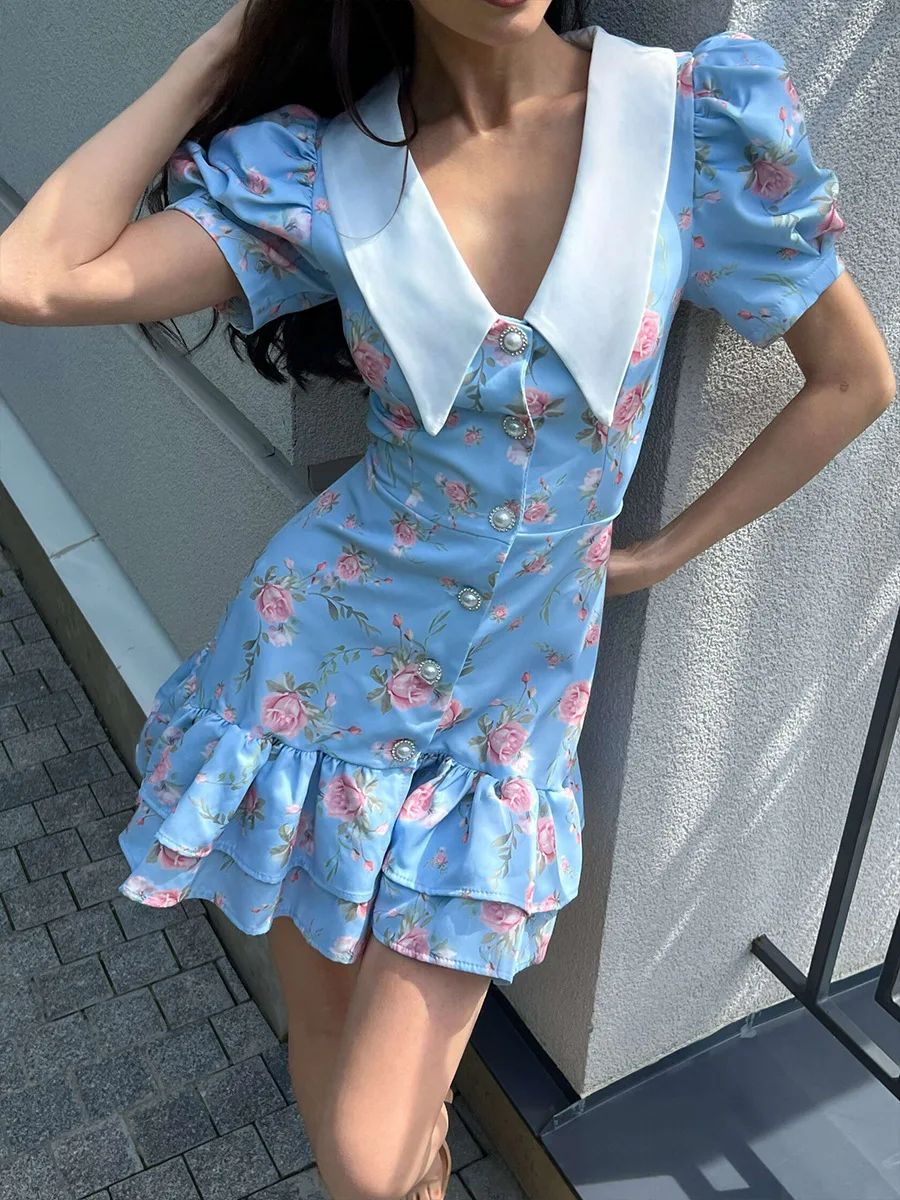 Francês chique floral verão mini vestidos femininos botão frontal em camadas com decote em v manga puff impressão cintura alta casual senhoras vestido novo