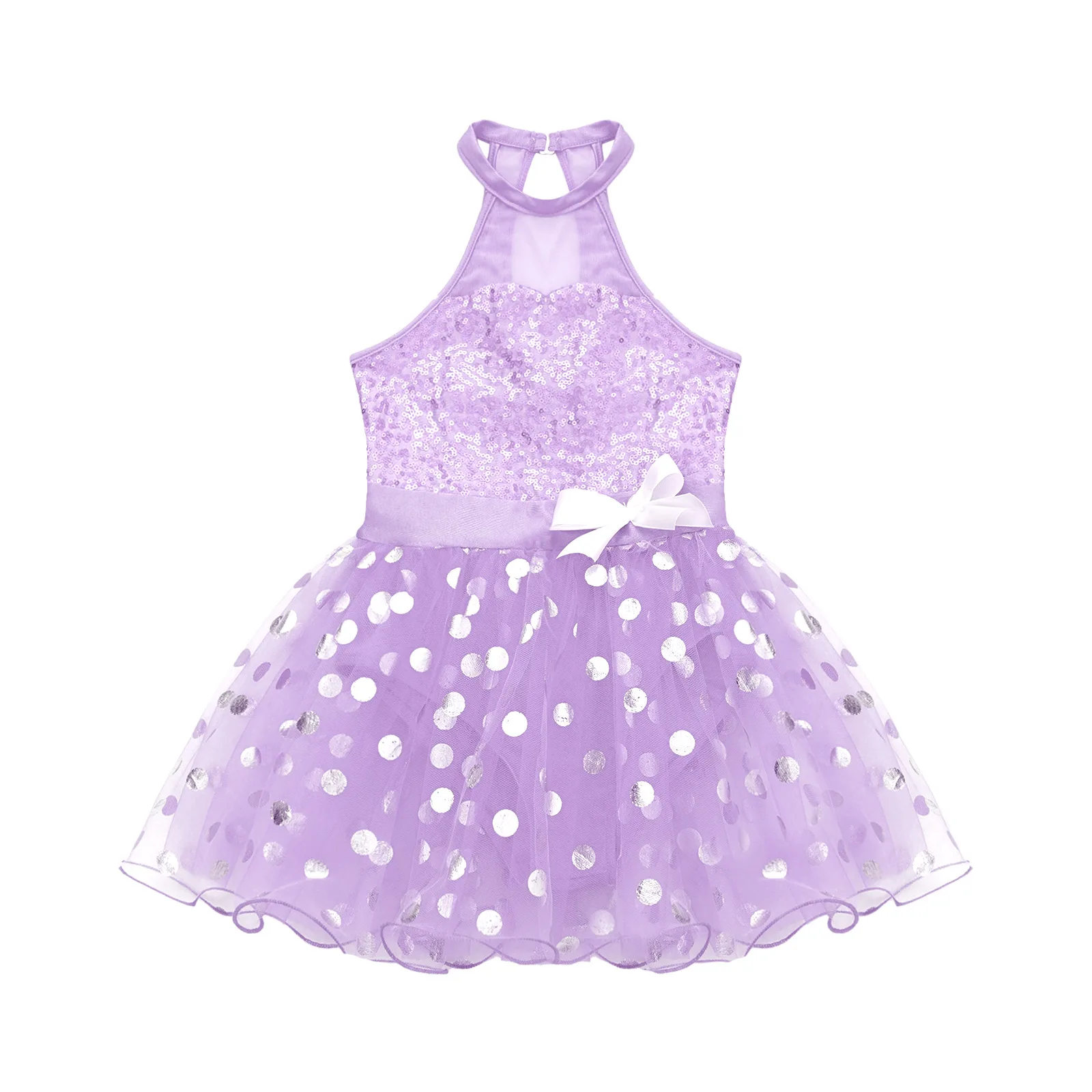 Kids Girls Sequin Mesh Tutu Ballet Dance Leotard Dress Sleeveless Bowknot Princess Dress Dancewear for Birthday Party Stage