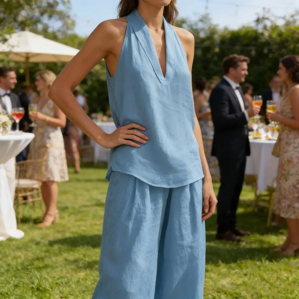 

Patchwork Suit Women Halter Two Piece Outfit V-neck Top High Waist Loose Pants Summer Loungewear Sets for Party Office Women