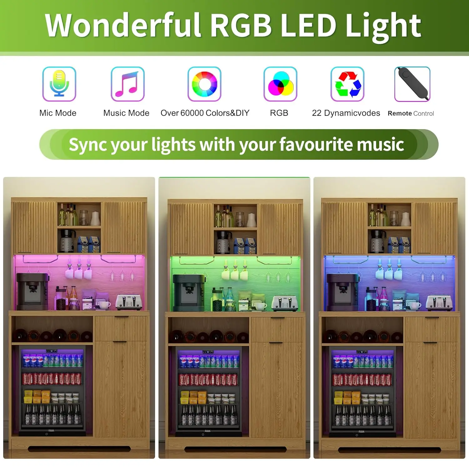 Armário de Café com Mini Geladeira, Armário de Madeira de 72 Polegadas de Altura com Mini Geladeira e Armazenamento, Luz RGB, Suporte para Copos, Personalizável
