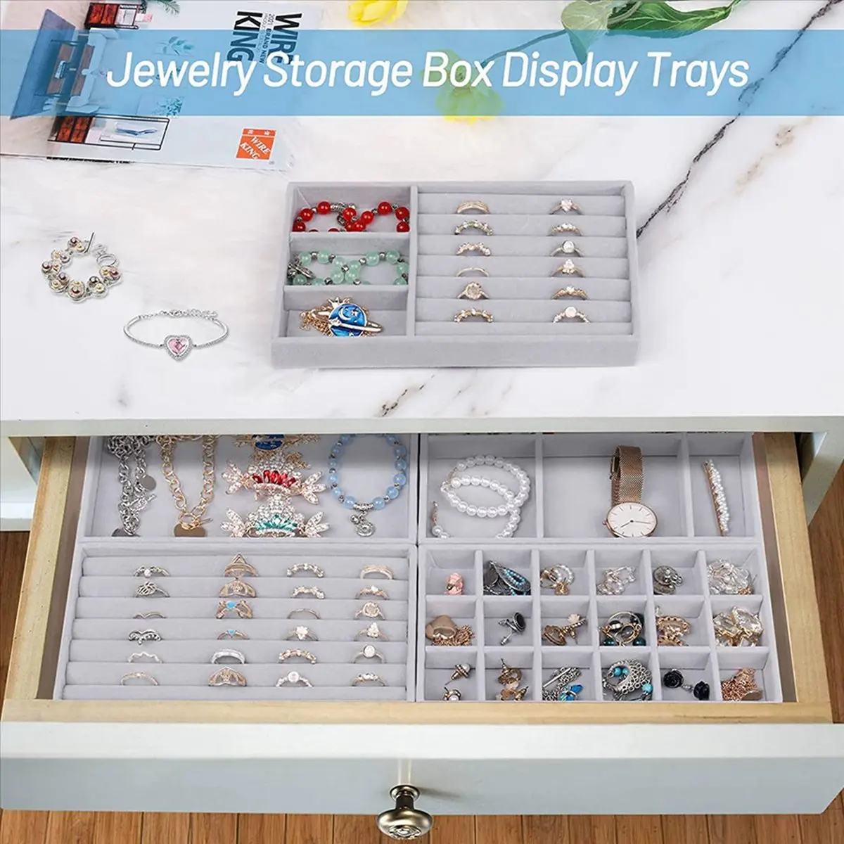 Efficient- Jewelry Organizer Tray, 10 Pcs Stackable Velvet Jewelry Organizer for Drawer, Jewelry Storage Display Trays Showcase