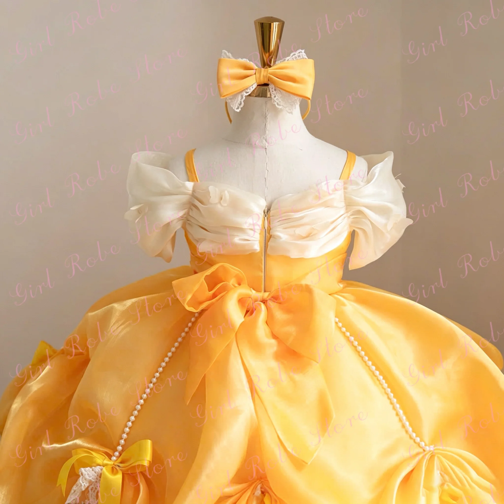 Elegant Little Princess Flower Girl Dress For Wedding Tiered Lace Puffy Floor Length With Bow Pearls Evening Banquet Ball Gown