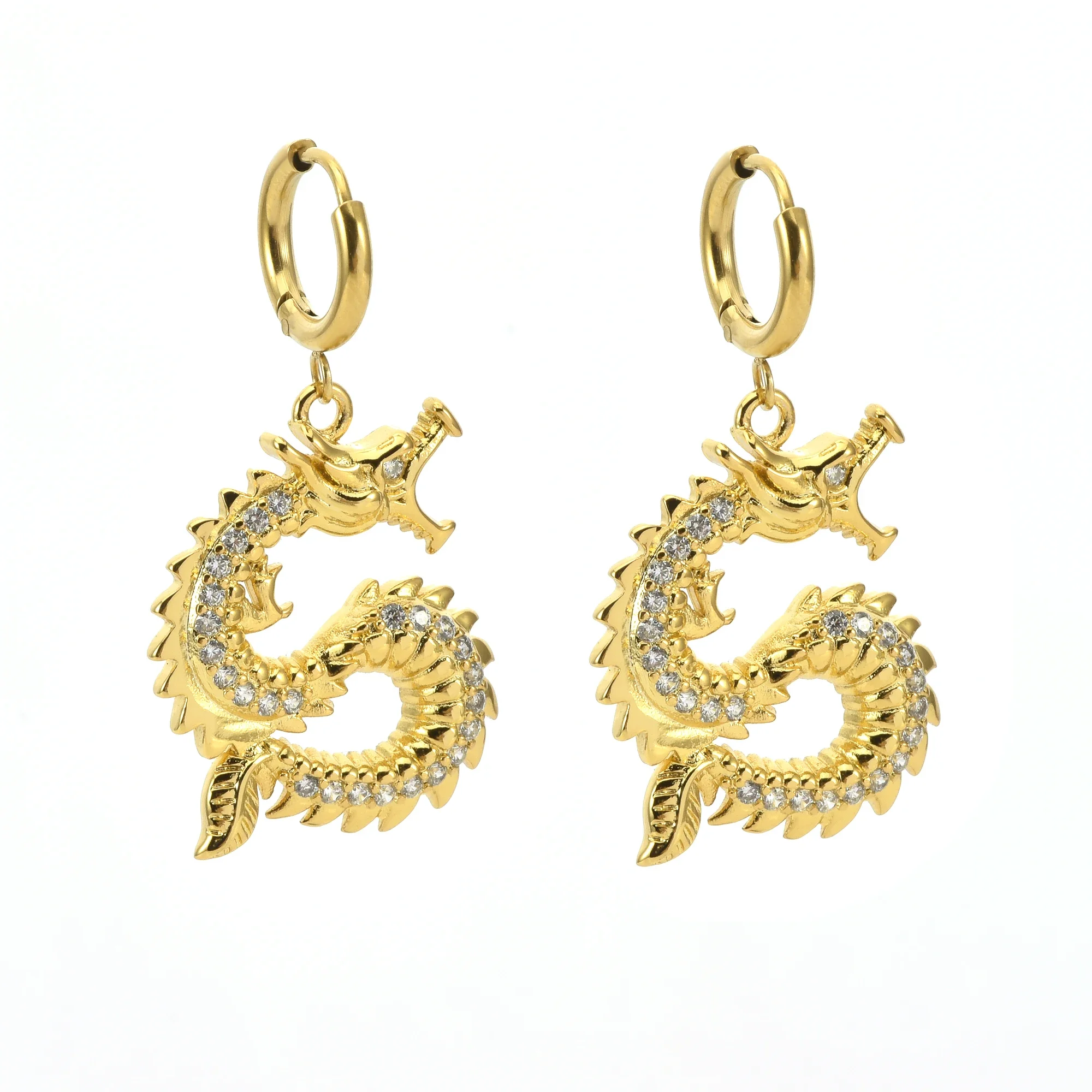 

SDA New Arrival Stainless Steel Dragon Shape Drop Earrings with Stones Shiny Fashion Jewelry