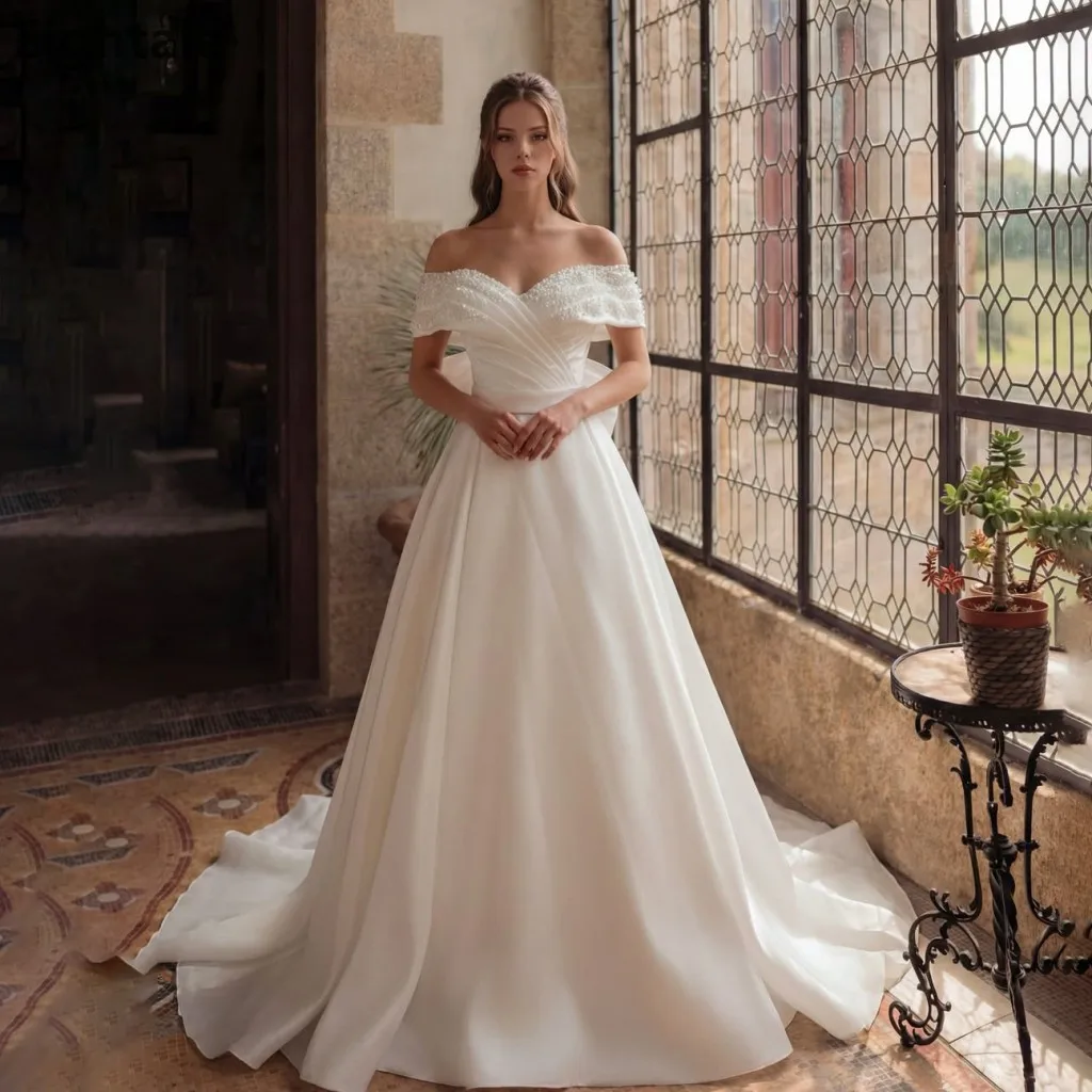 2026 New Arrival Ivory Organza Wedding Dress Off-the-Shoulder Pearl Beading Ball Gown with Chapel Train Customized Bridal Gown