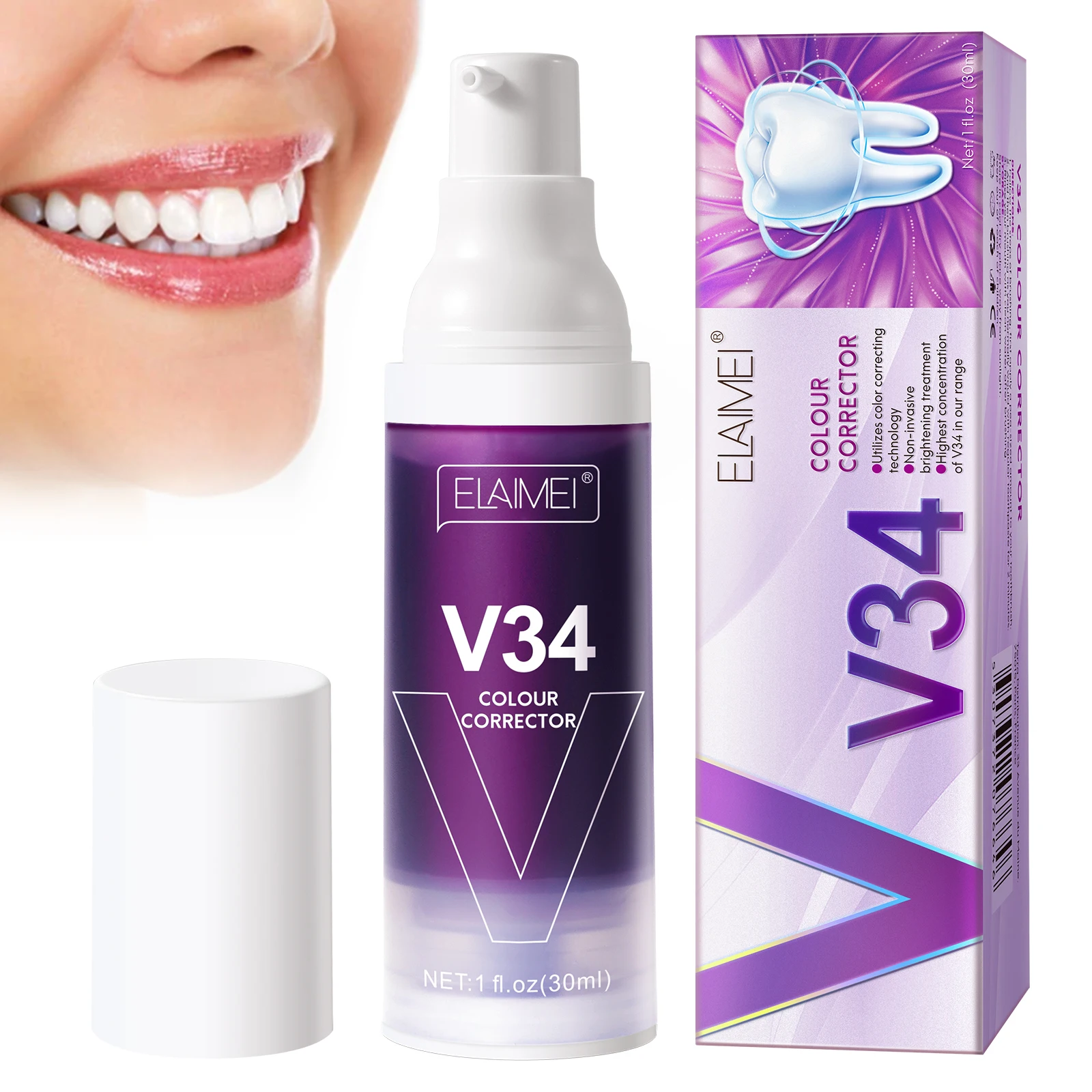 Dentifrice V34 pour le Blanchiment des Dents, Produit de Couleur Violette, pour une Haleine Fraîche, Élimination du Tartre Dentaire, SAF Jaune, 30ml