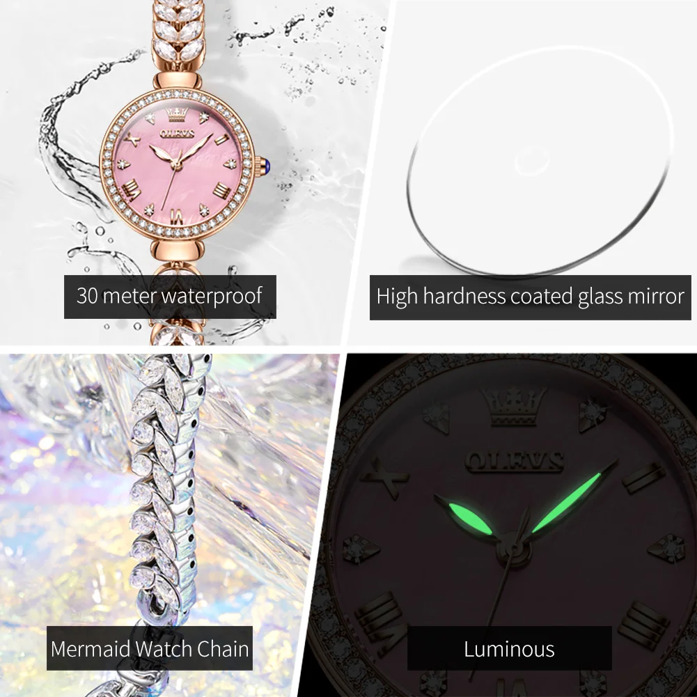 OLEVS Mermaid Full Diamond Dial Luxury Quartz Watch for Women Elegant Rose Gold Bracelet Wristwatch Sets Girls Valentines Gifts