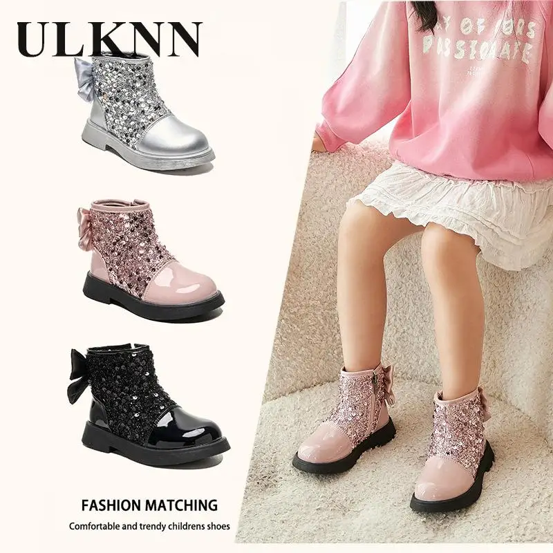 

Children's Boots Girls' Short Boots Fashionable 2024 New Princess Show Shoes Winter Girls' Pink Boats Kid's Silver School Shoe