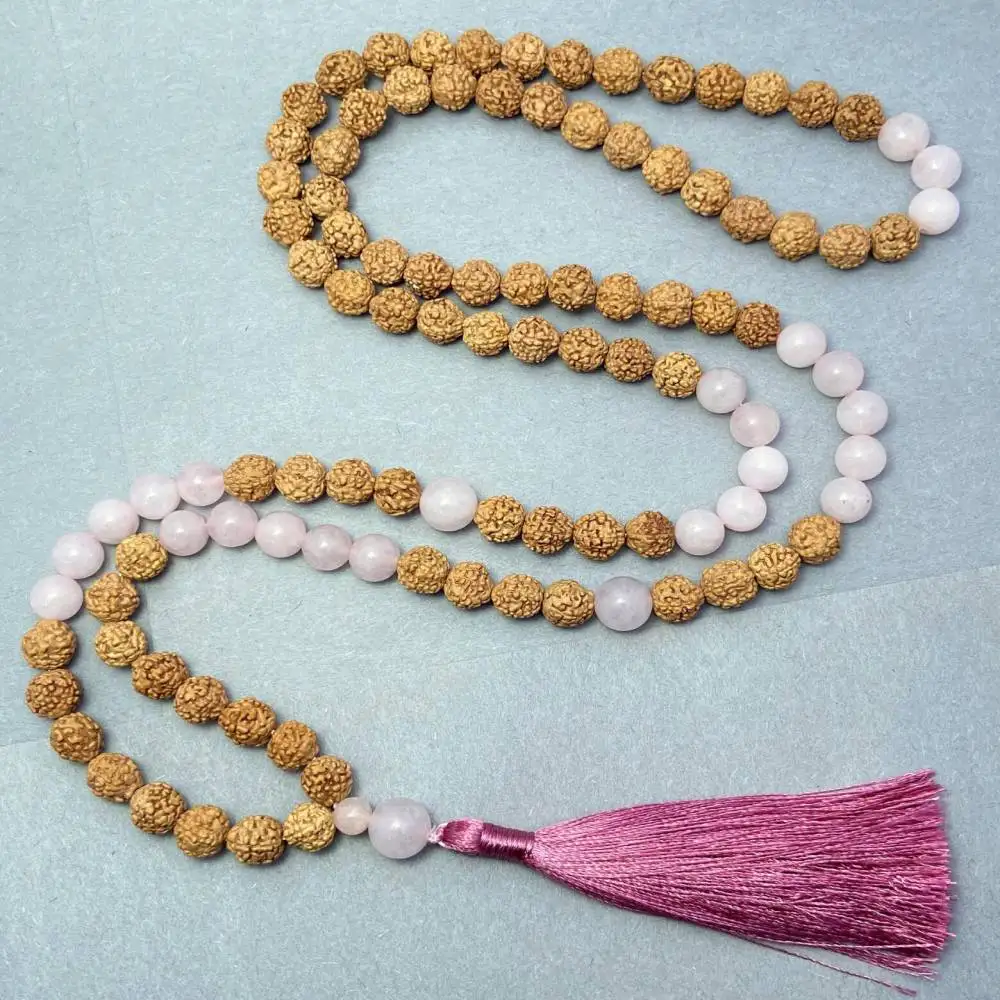

Natural Rudraksha & Rose Quartz 108 Mala Beads Necklace with Magenta Tassel Love & Devotion Healing Crystal Jewelry