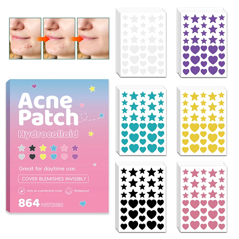 

864Pcs Star Heart Acne Patch Repair Acne Cleansing Invisible Breathable Waterproof Acne Cleansing Concealer Fade Clean