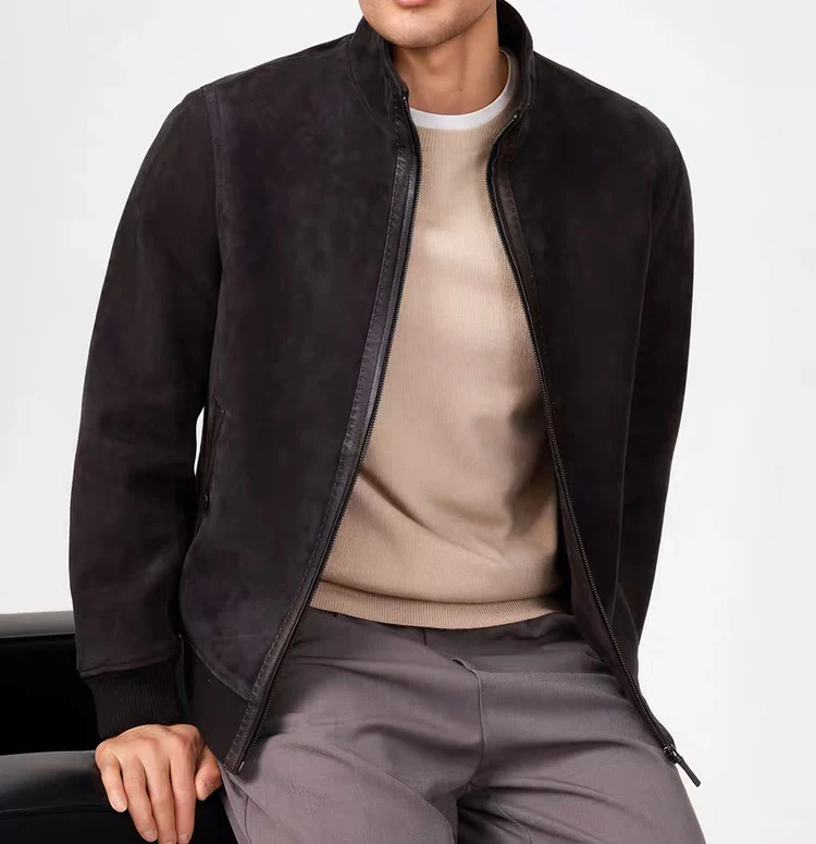 High luxury Kid Suede Leather Varsity Jacket for Men Winter Down Linging Warm Coat Threaded Cuffs Edge Seals Thick Veste Homme