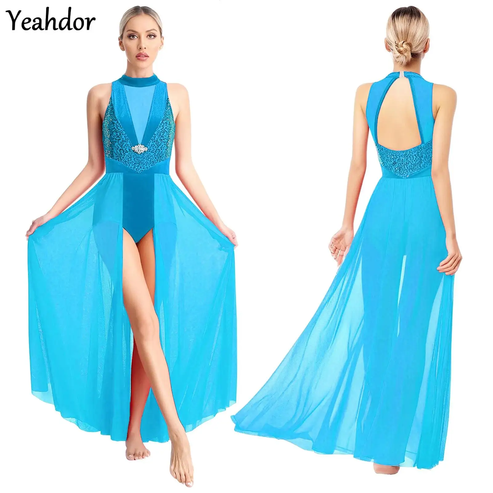

Women Lyrical Dance Dress Modern Contemporary Dance Costume Sequins Halter Sleeveless Maxi Dress Ballet Gymnastics Leotard Dress