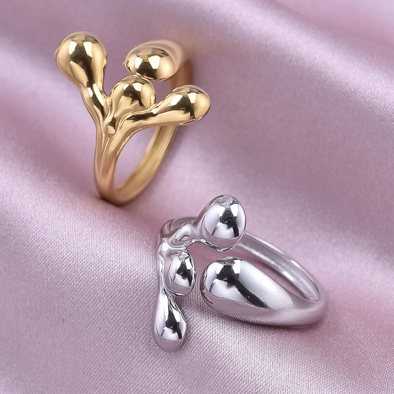 Adjustable Stainless Steel Beads Ball Leaf Ring Set