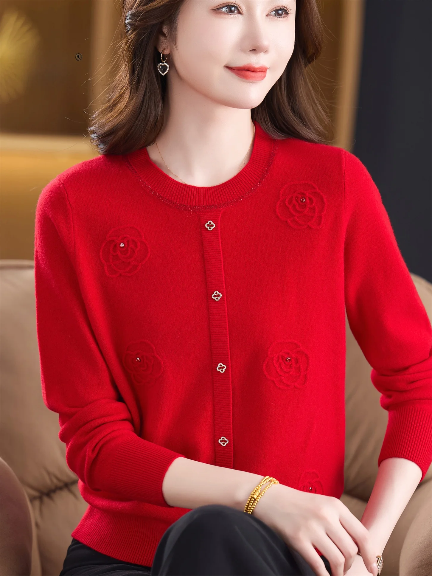 

Faionable Pure Wool Knitwear round Ne Loose Base irt Women's ape Casual Breathable Spring Autumn New Sle Mom ...