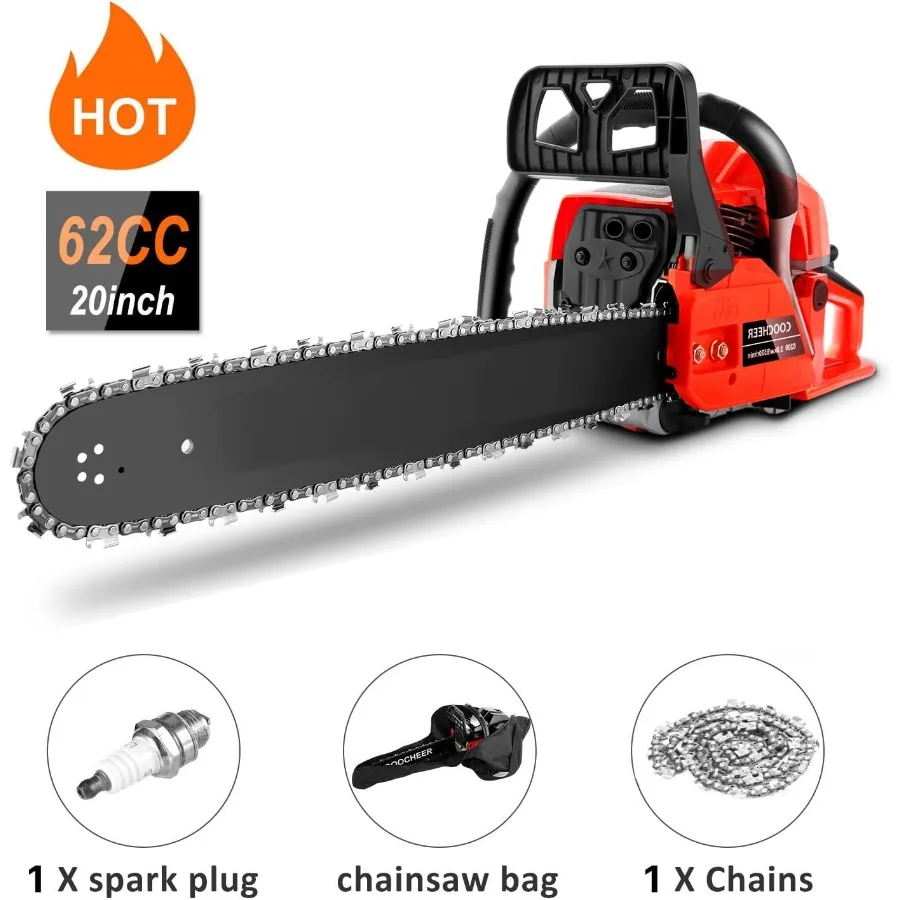 Gas-Kettensäge, angetrieben, verbessert, 62 CC, 3,5 PS, 2 Zyklen, 20-Zoll-Kettensäge, Gas mit Tragetasche, Werkzeugsatz zum effizienten Baumschneiden