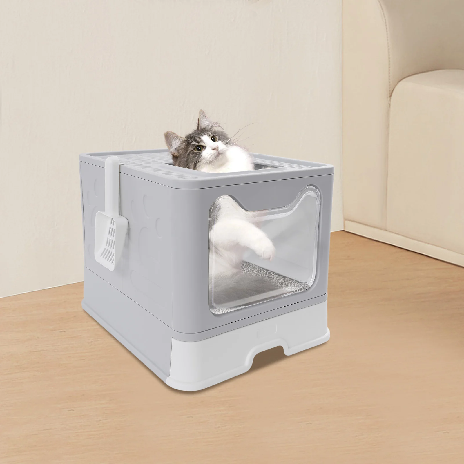 Folding Cat Litter Box with Scoop, Enclosed Covered Clear Door Cat Litter Box for Cats Weighing Less Than 22.05 Pounds