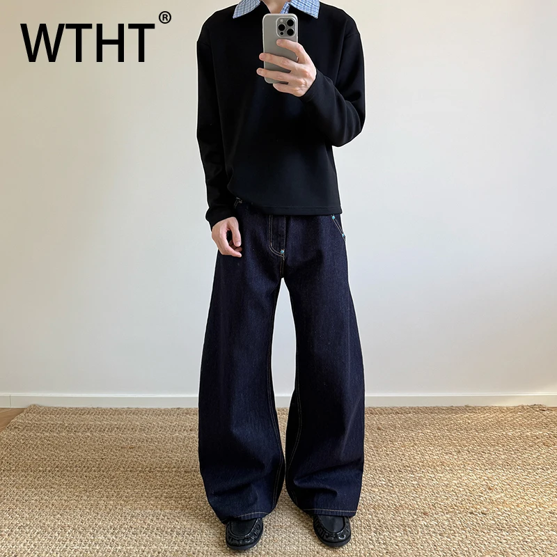 

WTHT модные мужские однотонные джинсовые брюки с заклепками, винтажные прямые свободные широкие джинсы, мужские осень 2023, 2A1558