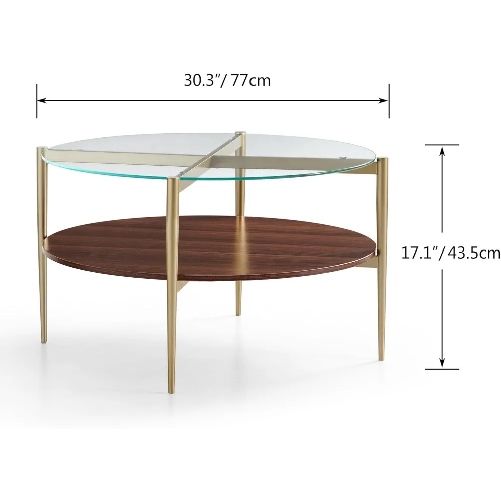 Mid-Century Modern Mossi BLEVIO Round Coffee Table with Clear Glass and Walnut Brown Frame for Living Room